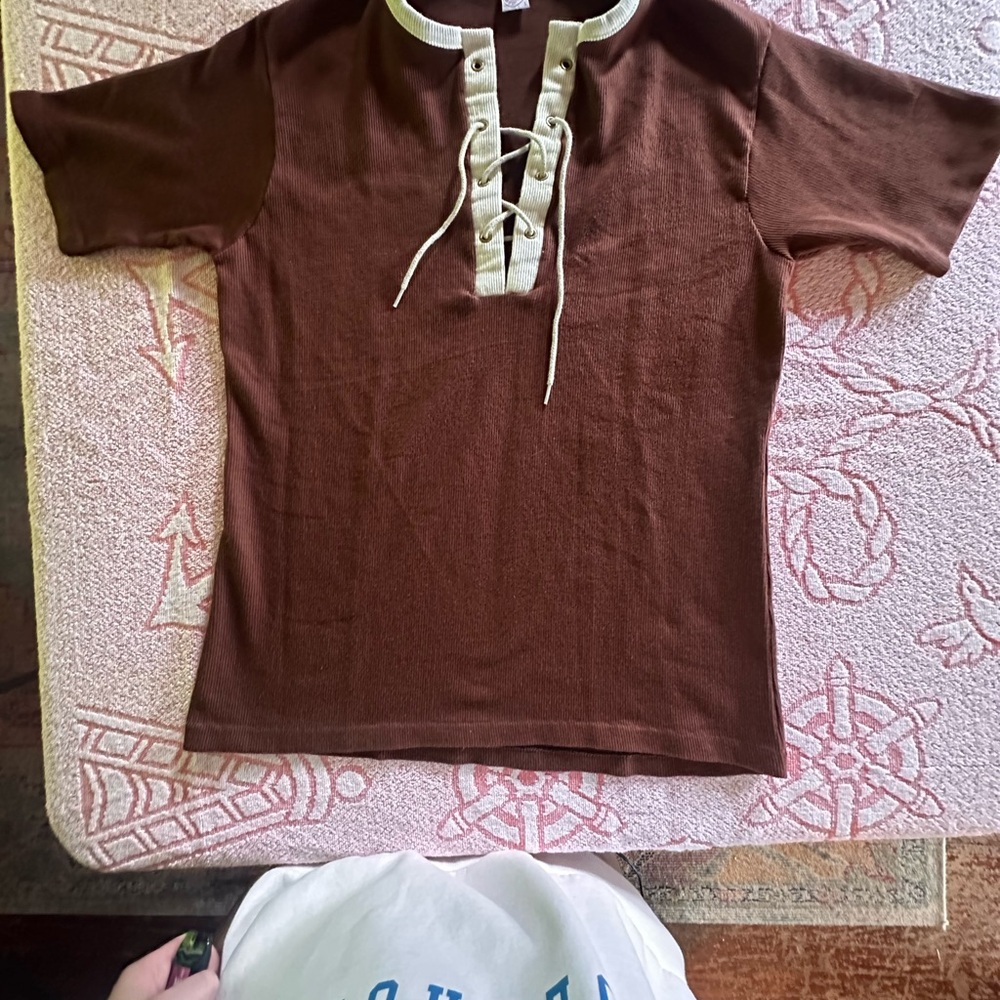 Kids Short Sleeve Lace-Up Top in Brown with Cream Trim